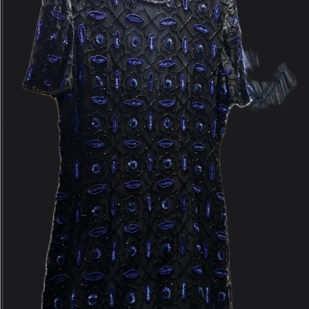 Papell Boutique Black Beaded Evening Dress with Blue Accents